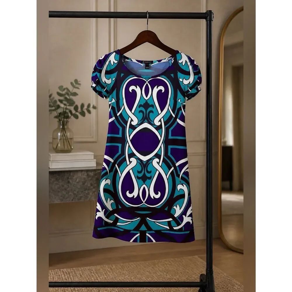 SHORT SLEEVE GREEN & ROYAL PRINT SHEATH by INC S